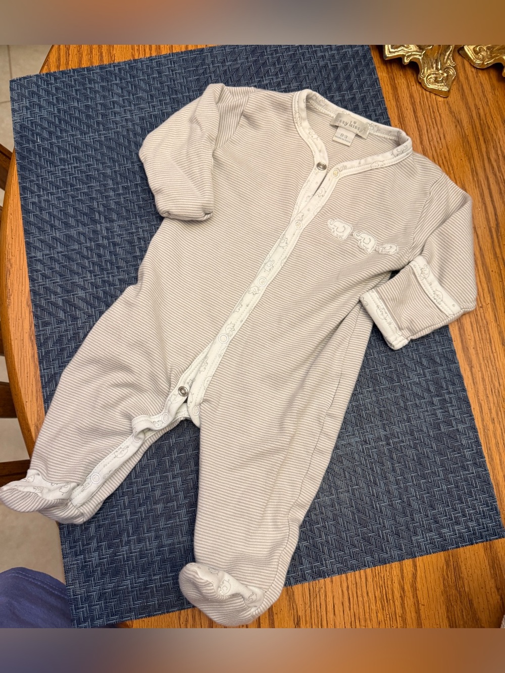 Kissy Kissy Pale Gray Striped Footie with Elephant Embroidery